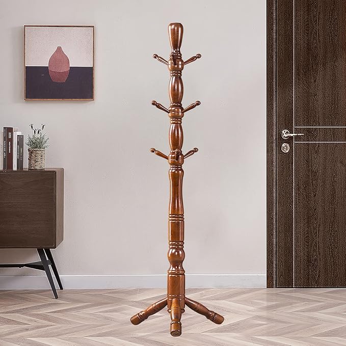 Wood Coat Rack Hall Tree, Stable Triangle Base Coat Tree - Image 8
