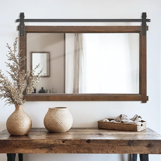Bathroom Barn Door Mirror: 42"x28" Brown Farmhouse Wood Frame by Besdomus