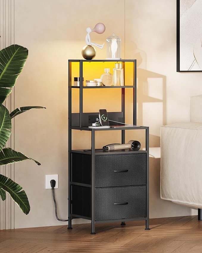 WLIVE Nightstand with Charging Station, LED Night Stand with 2 Drawers and 4 - Image 2