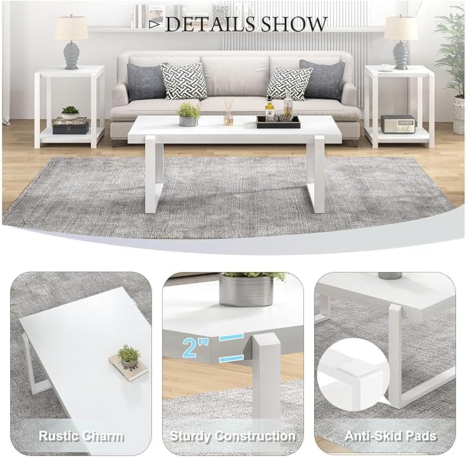 FOLUBAN White Coffee Table, Modern Rustic Wood and Metal Center Table, - Image 5