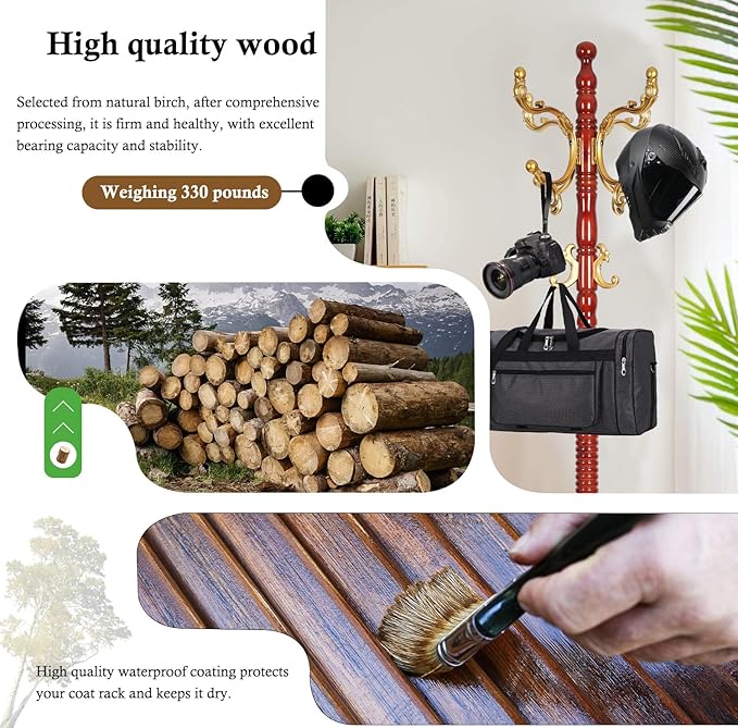 Coat Rack Stand, Solid Wooden Coat Tree - Image 2