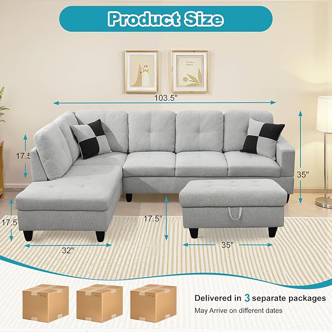 L Shaped Couch Modern Sectional Couch Upholstered Flannel Fabric 3 Pieces Sofas - Image 2
