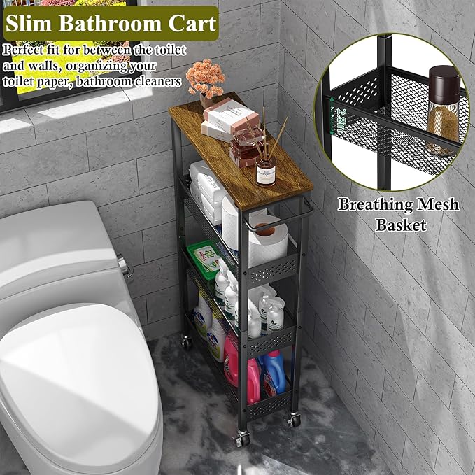Utility Slim Storage Cart, 4 Tier Small Rolling Kitchen Laundry Room Cart - Image 4