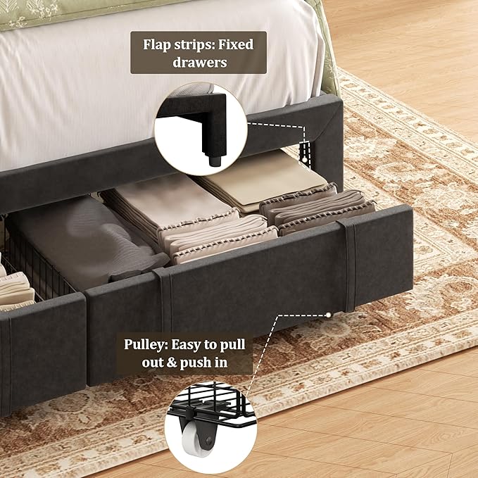 Full Bed Frame with Storage Drawers, Upholstered Platform Bed with Headboard - Image 5