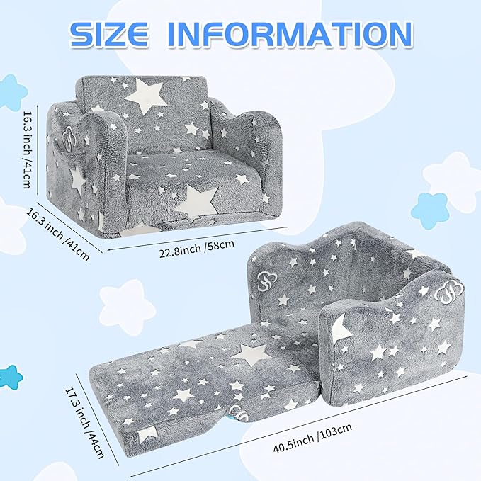 Kids Couch for Toddlers, 2-in-1 Kids Sofa Toddler Couch Chair Glow in The Dark - Image 3