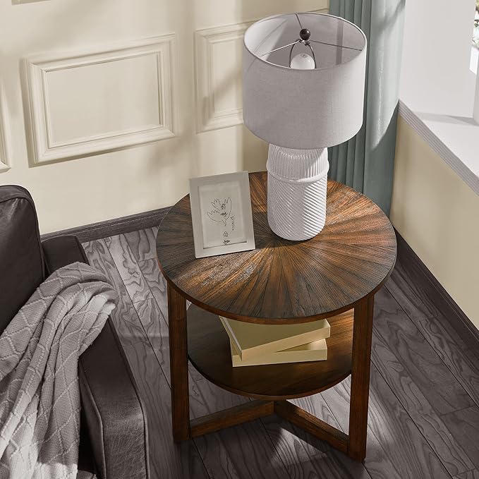 Large Round End Table with Storage Shelf, 25.2" Dia Rustic Beside Tables with - Image 4