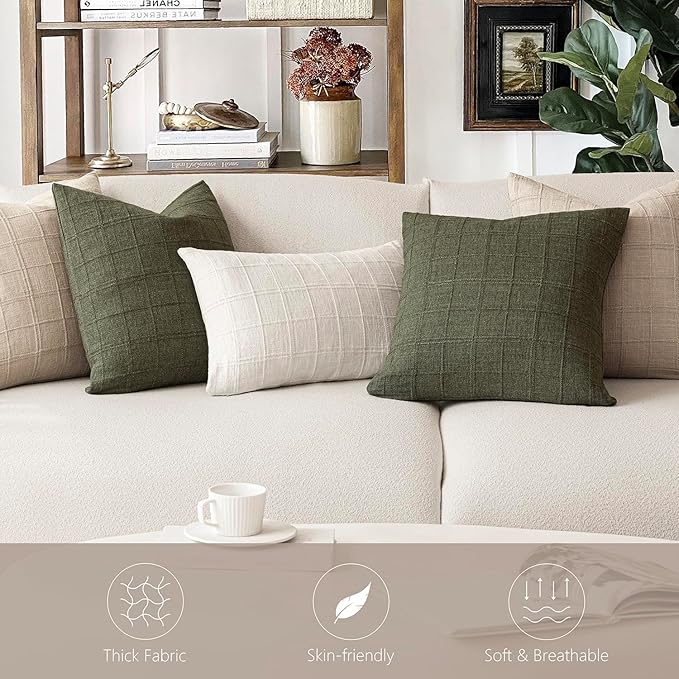 Foindtower Set of 2 Decorative Linen Check Throw Pillow Covers Neutral - Image 7