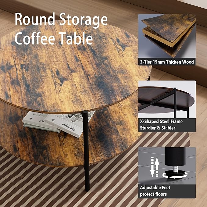Round Coffee Table, 2-Tier 32.9" Circle Coffee Tables - Image 4