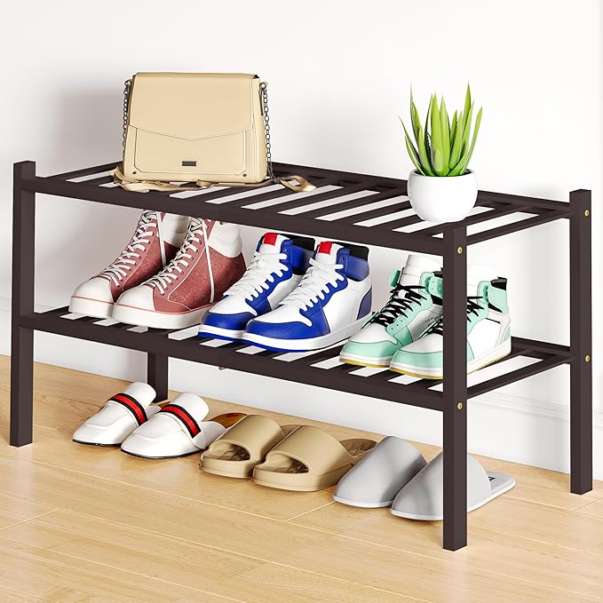 Smiry Shoe Rack, 2 Tier Bamboo Shoe Organizer, Stackable Free Standing Wooden by Smiry