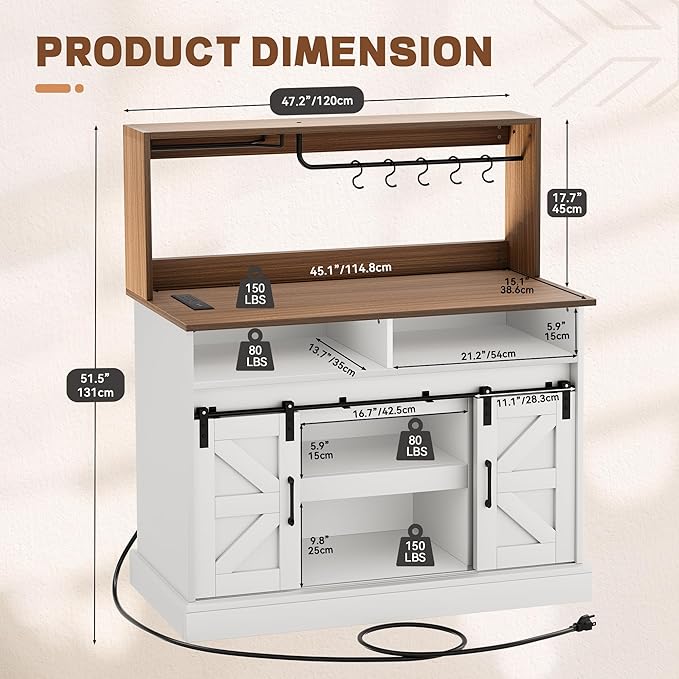 YITAHOME 47" Coffee Bar with Goblet Holder & Power Outlet, Buffet Cabinets with - Image 2