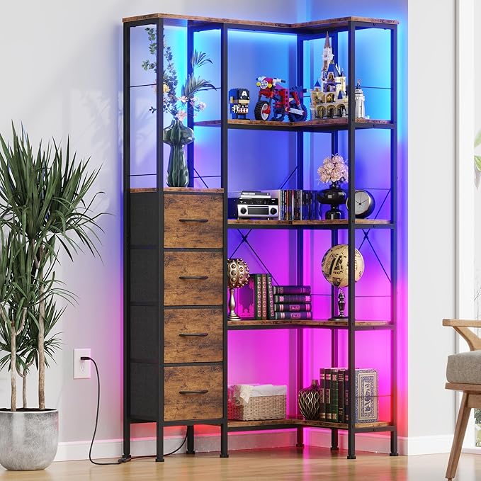 Corner Bookshelf with LED Light Strips & 4 Fabric Drawers, 5-Tier Convertible by Unknown