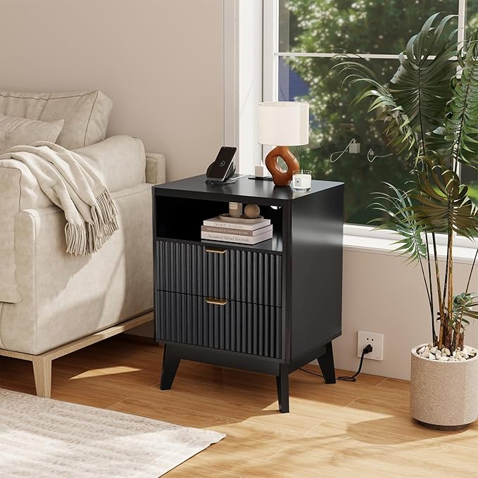 Fluted Nightstand with Charging Station, 19.7 inch Wide End Table with 2 Drawers - Image 6
