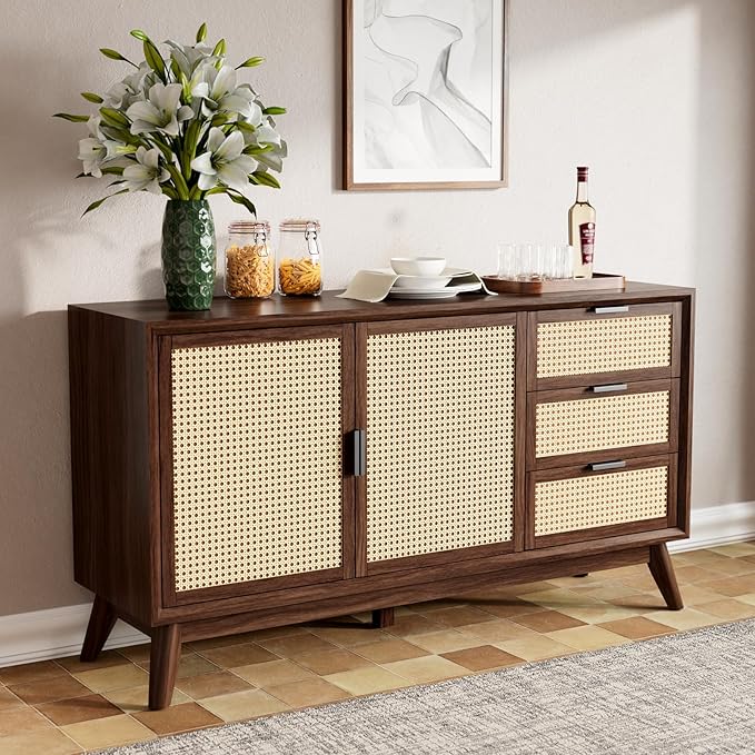 Bme Jasper Sideboard with 3 Drawers & 2 Rattan Doors, Buffet Cabinet with - Image 6