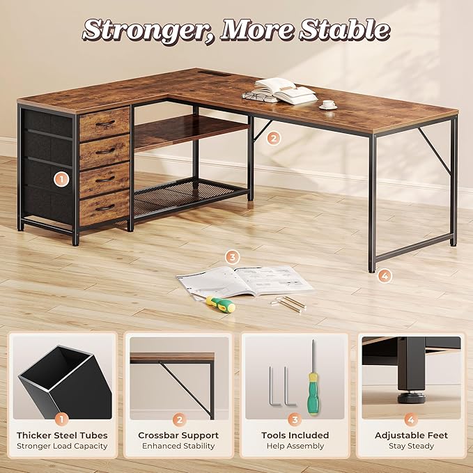 PRAISUN 61" L Shaped Desk with Power Outlets and USB-C Port, Reversible - Image 8