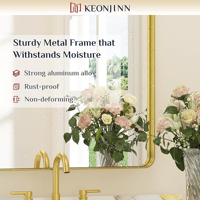 Keonjinn Gold Bathroom Vanity Mirror 48 x 36 Inch Large Rounded Rectangle - Image 7