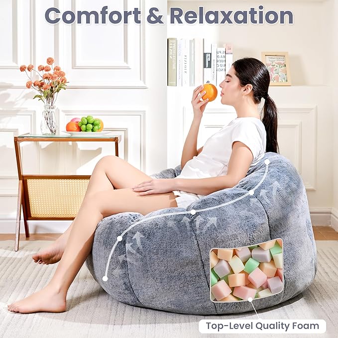 Bean Bag Chair with Filler, Faux Fur Comfy Chair with Petal Armrest Fluffy - Image 3