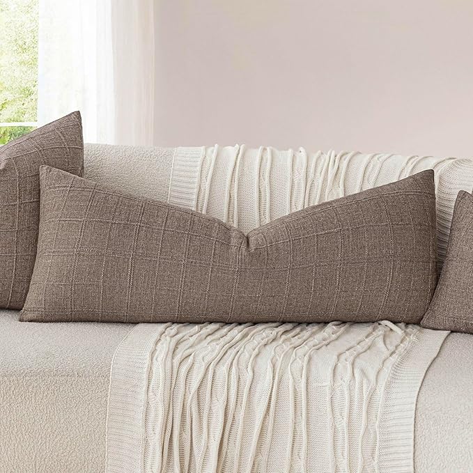 Foindtower Set of 2 Decorative Linen Check Throw Pillow Covers Neutral Long - Image 5