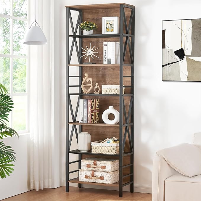 HOMISSUE Tall Bookshelf, 7-Tier Book Shelf, Rustic Wood Metal Bookshelves and by Homissue