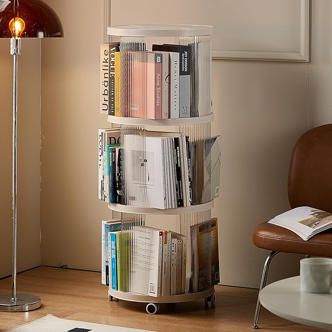 Rotating Bookshelf, 360°Display Spinning Rolling Bookshelf Tower, 3 Tiers - Image 6