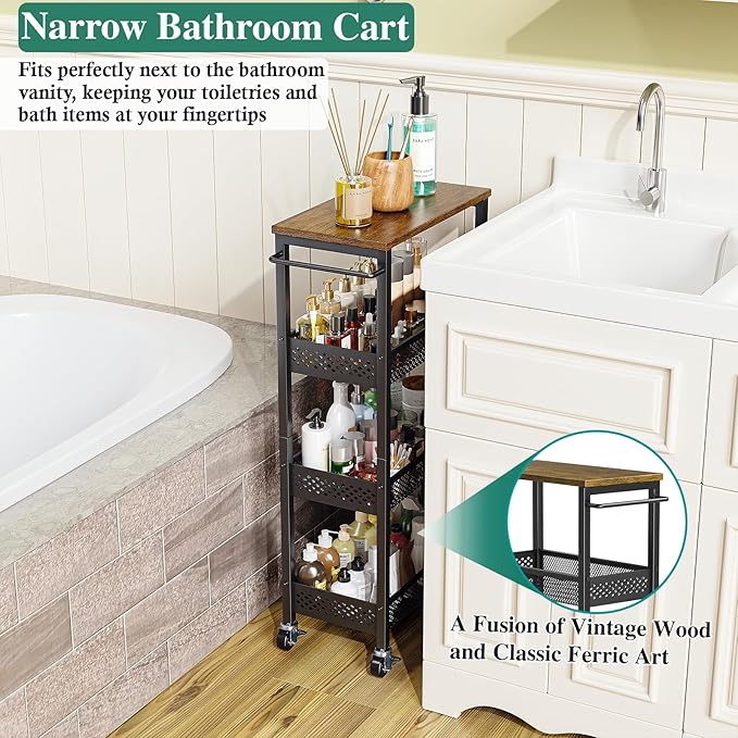 Utility Slim Storage Cart, 4-Tier Narrow Bathroom Organizer and Storage Cart - Image 3