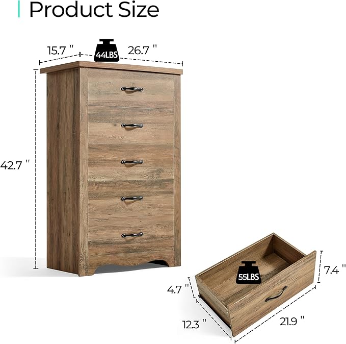 LINSY HOME 5 Drawers Dresser for Bedroom, Wood Bedroom Dresser Modern Drawer - Image 3