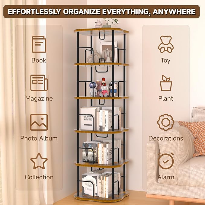 5-Tier Rotating Book Shelf, 360° Display Spinning Bookshelf Tower, Book - Image 6