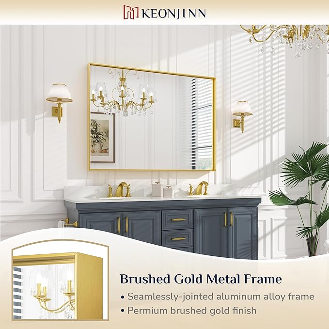 Keonjinn Gold Bathroom Mirror 48” x 36” Brushed Gold Metal Framed Mirror - Image 6