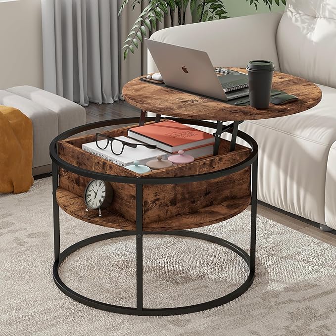 Round Lift Top Coffee Table, Coffee Tables Living Room, Wood Farmhouse Coffee - Image 3
