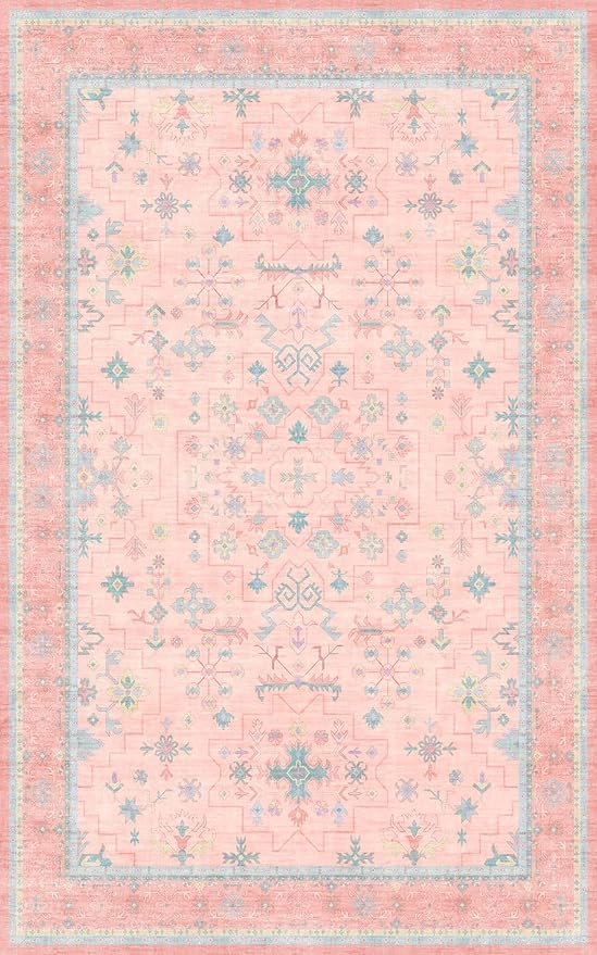 Pink and Blue Washable 5x8 Living Room Rugs, Boho Aethestic Oushak Vintage Area - Image 2