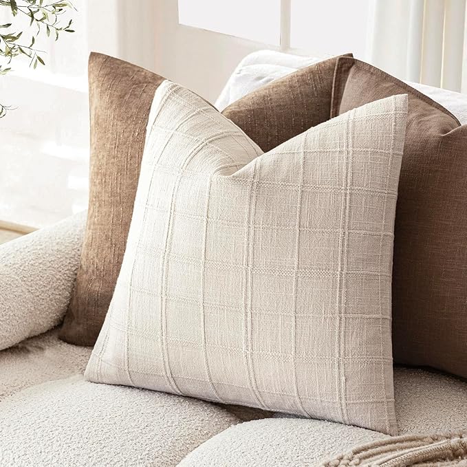 Foindtower Set of 2 Decorative Linen Check Throw Pillow Covers Neutral - Image 5