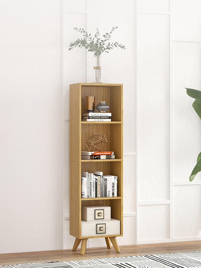 Manora Small Bookcase with 4 Open Shelves, Modern Bookshelf with Wooden Legs - Image 6
