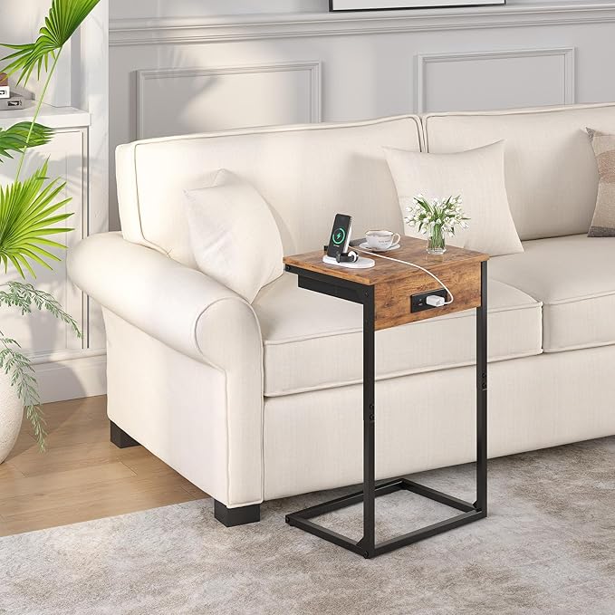 C Shaped End Table with Charging Station, 45° Tiltable Adjustable Flip Top Side - Image 6
