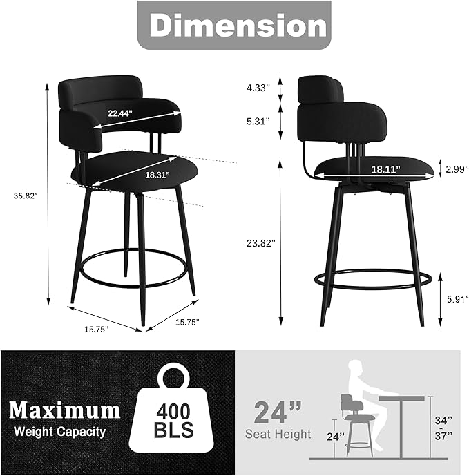 Swivel Bar Stools Set of 2, Counter Height Bar Stools - Image 2