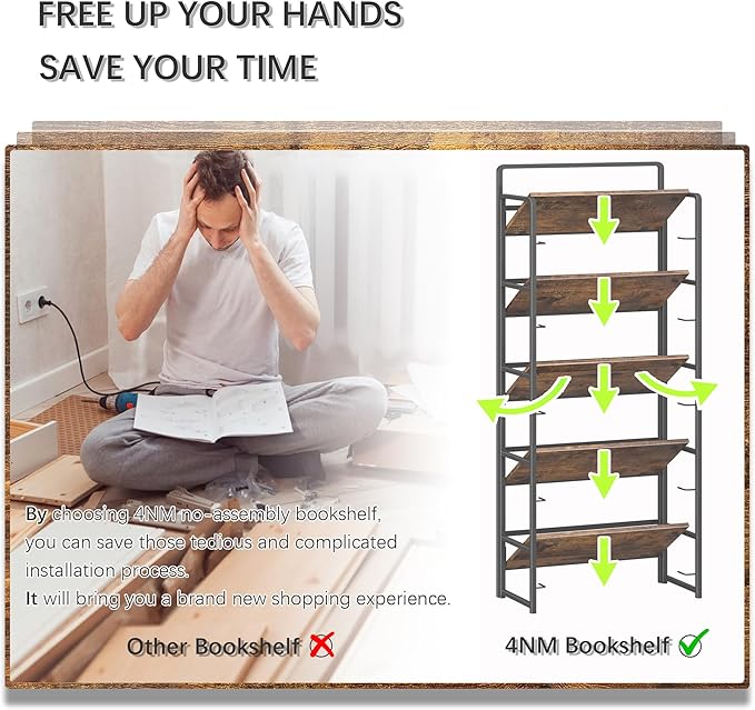 4NM No-Assembly 5 Tiers Folding Bookshelf Storage Shelves Vintage Bookcase - Image 7