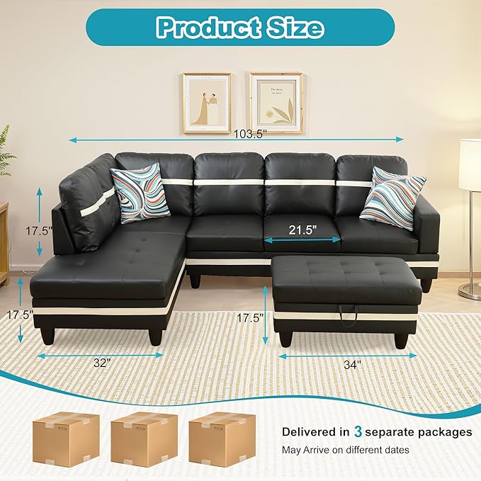 L Shaped Couch PU Leather Sectional Couch Upholstered 3 Pieces Sofas - Image 2