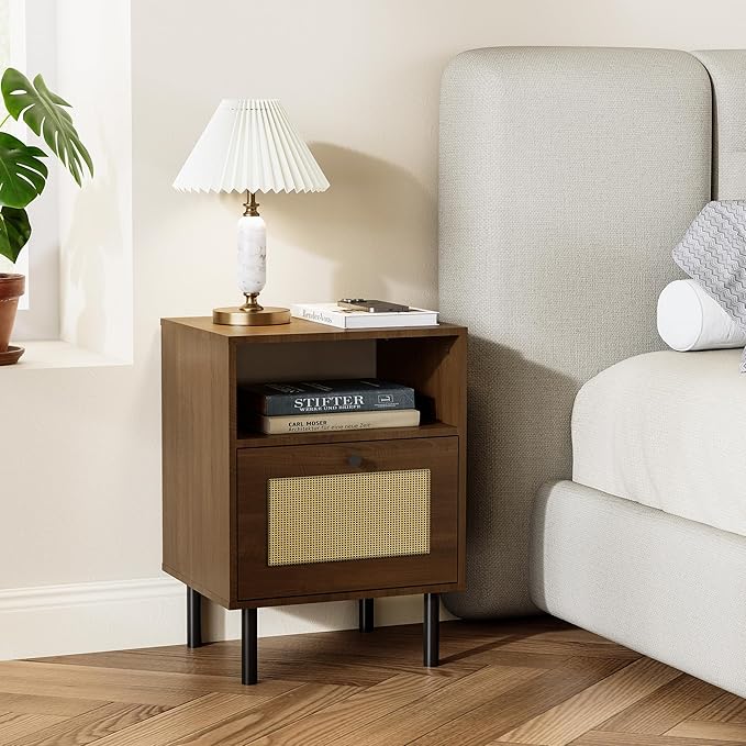 Rattan Nightstand with Storage Boho Modern Farmhouse Bedside Table with Drawer - Image 6
