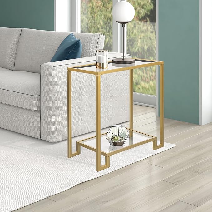 2 Tier Rectangular Side Table, Modern Metal Clear Coffee Table，Small Accent - Image 2