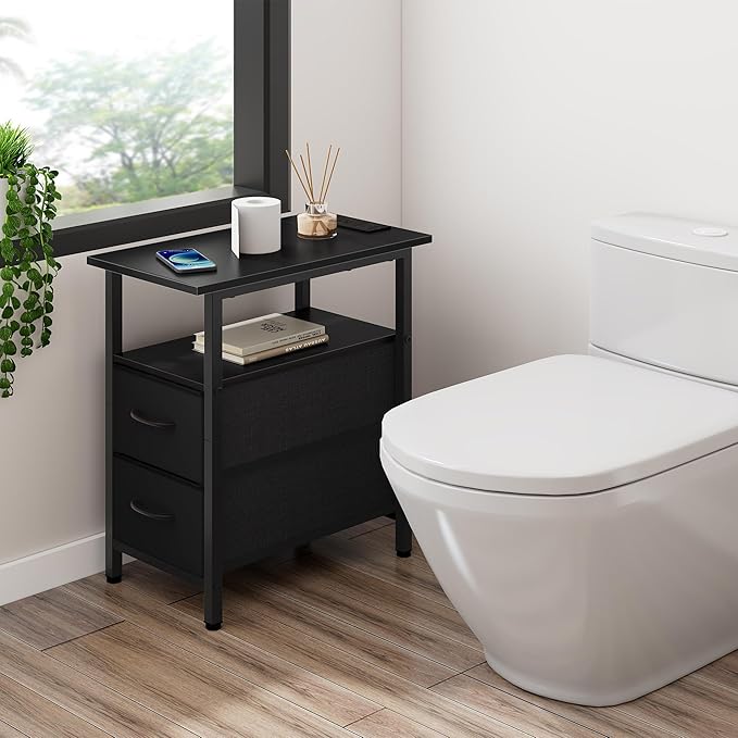 Vagusicc Black Nightstand with Charging Station and LED Lights, Narrow Side - Image 2