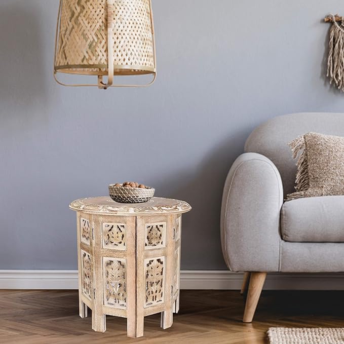 The Wooden Town Carved Wood Round End Table – 18" Accent Side Table - Image 7
