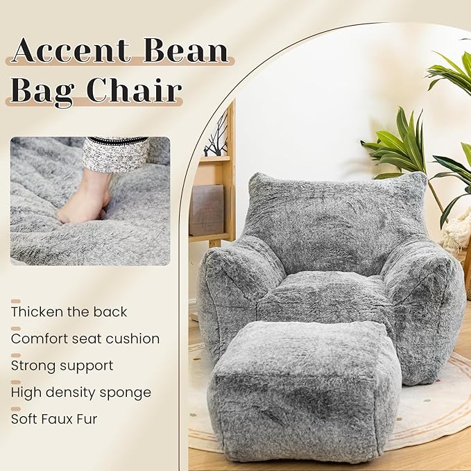 Bean Bag Chair with Ottoman, Armrest Bean Bag Chairs with Filler, Ultra Soft - Image 7