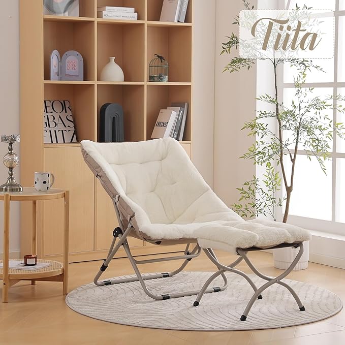 Tiita Folded Chair with Ottoman, Soft Faux Fur Oversized Folding Accent Chair - Image 2