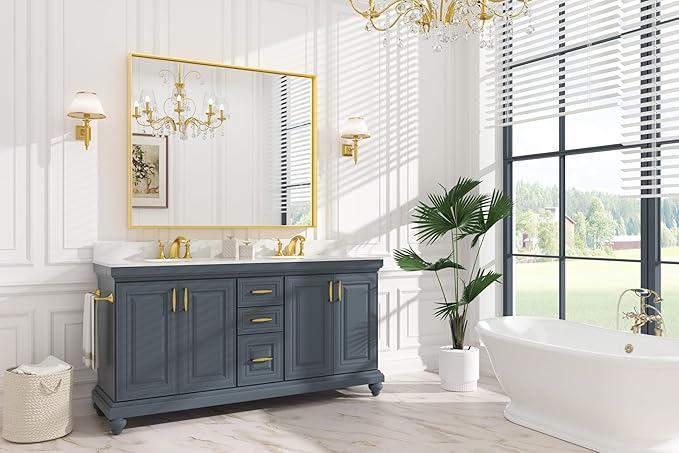 Keonjinn Gold Bathroom Mirrors 48” x 40” Rectangle Wall Vanity Mirror Large - Image 2