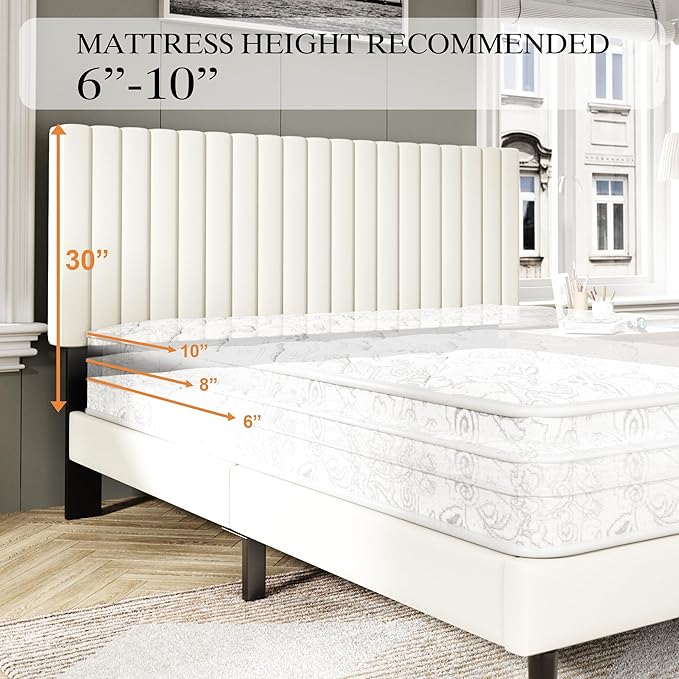 Full Size Bed Frame with Velvet Upholstered Headboard, Platform Bed with Strong - Image 7