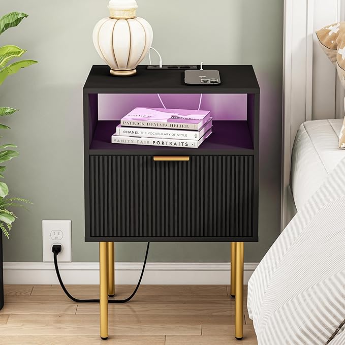 Modern Nightstand with Charging Station and LED Lights, Fluted Nightstand by JOONEE