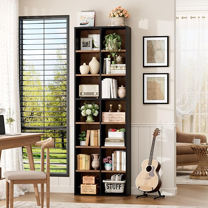 FOTOSOK 71'' Tall Bookshelf, Double Wide Media Tower Rack CD DVD Rack Display - Image 8