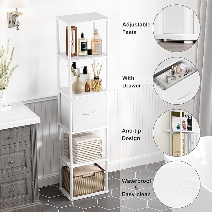 6-Tier Bookshelf with Drawer, Narrow Bookshelves Organizer, Floor Standing - Image 4