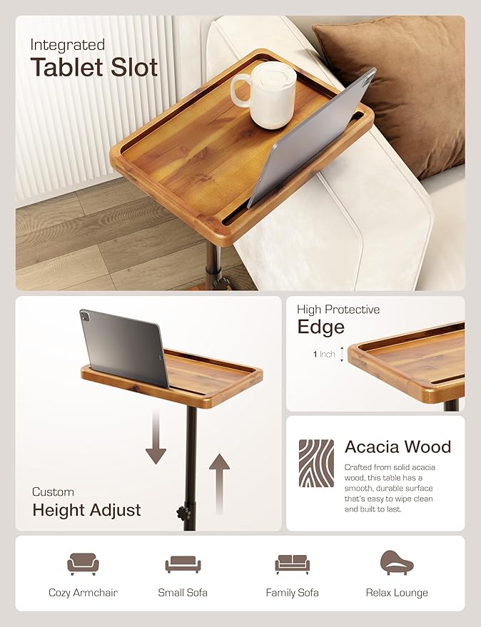 HOLANA Acacia Wood Adjustable C-Shaped Couch Table – 360° Swivel Side Table - Image 3