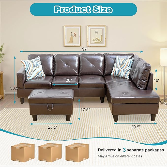 Couches for Living Room Faux Leather L Shaped Couch Comfy 3 Pieces Sectional - Image 2