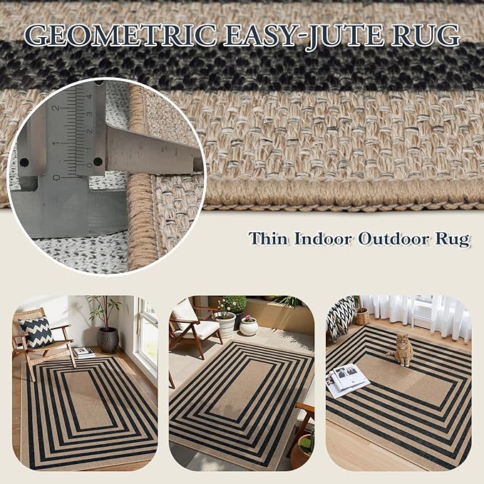 Lahome Modern Geometric Easy Jute Entryway Rug, 4x6 Black Washable Carpet - Image 4