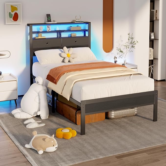Furnulem Twin Bed Frames with Charging Station and LED Lights, Wood Headboard - Image 7